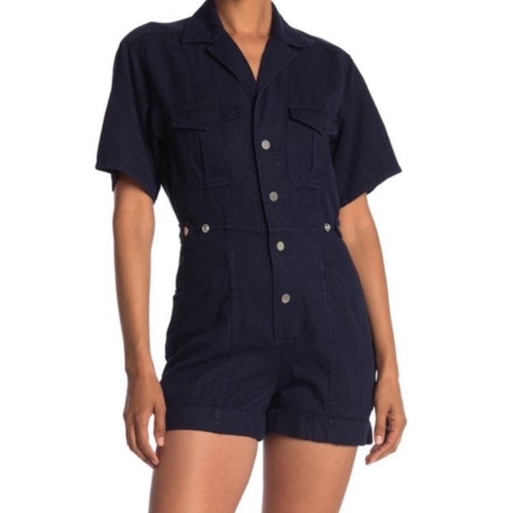 NWT ALC Penny Utility Romper Navy Short Sleeve Womens 14 Cotton Linen